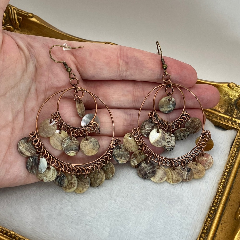 Shell Dangle Hoop Earrings Brown Copper Tone Coastal Cowgirl Boho Eclectic Artsy